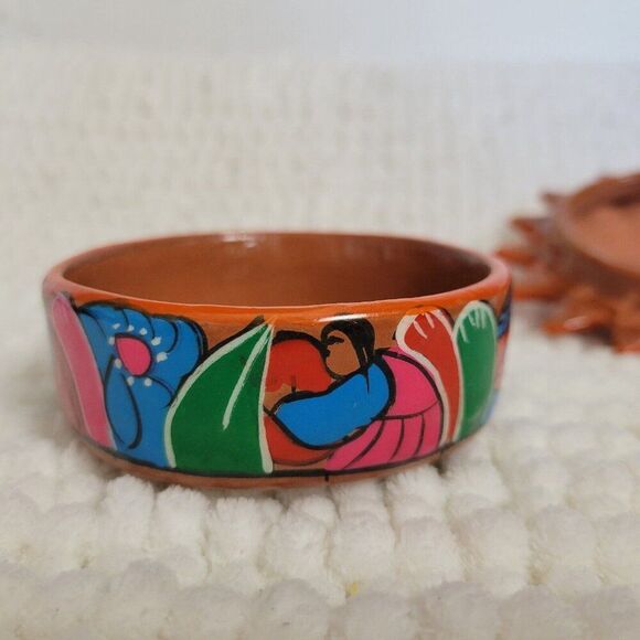 Mexican Red Clay Pottery SUN round dish lidded hand painted trinket box jewelry - Picture 5 of 7